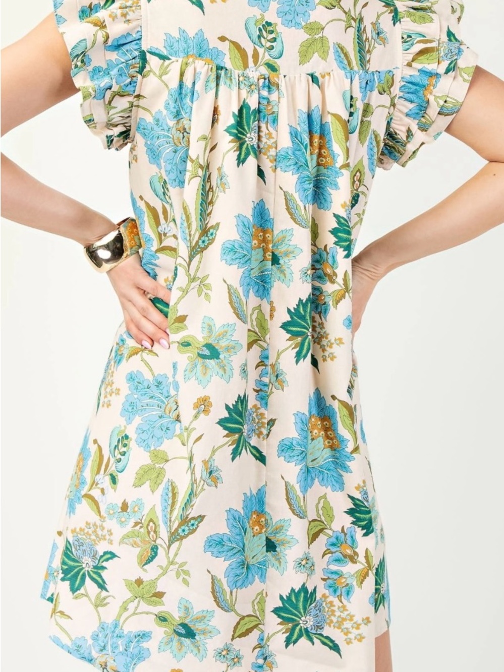 Gigio NWT Floral Cotton Blend Babydoll Dress in Cream and Blue